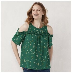 NWOT Lauren Conrad Ruffled Cold-Shoulder Flirty Fleurs Ditsy Floral Green Top XS